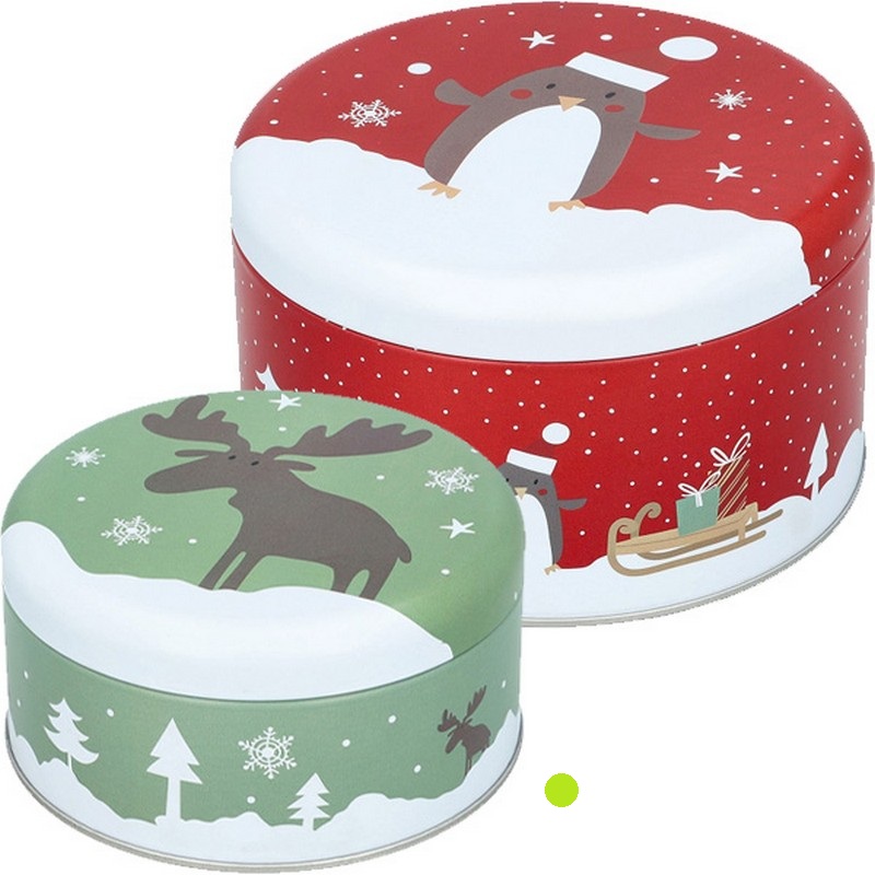 Scatola in latta tonda natalizia verde da cucina decorata con renna in paesaggio innevato, adatta al contatto con gli alimenti